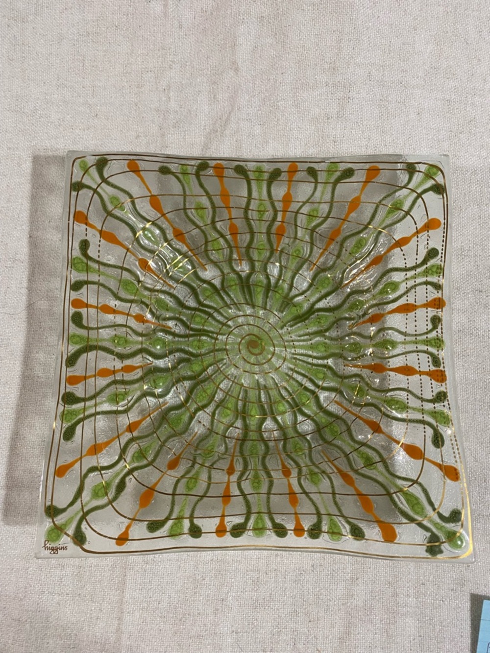 Signed Higgins Fused Art Glass Bowl with Green and Orange Radiant Pattern